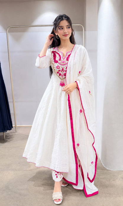 White & Pink Embroidered Anarkali Kurta Pant Dupatta Set for Women