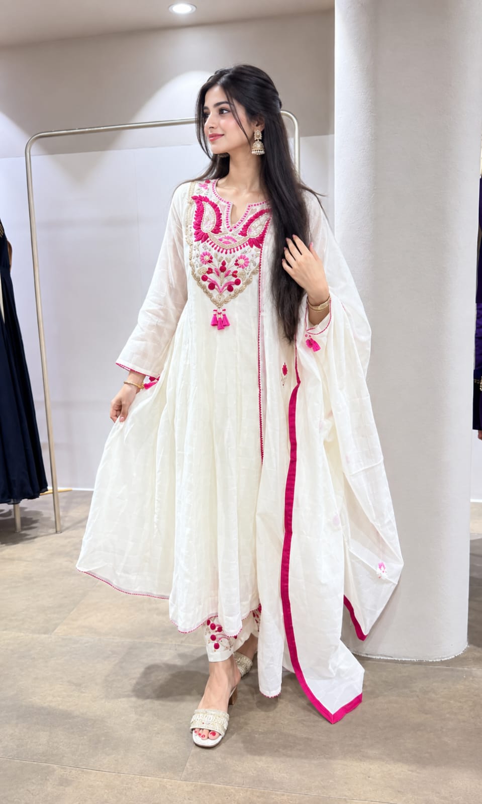 White & Pink Embroidered Anarkali Kurta Pant Dupatta Set for Women
