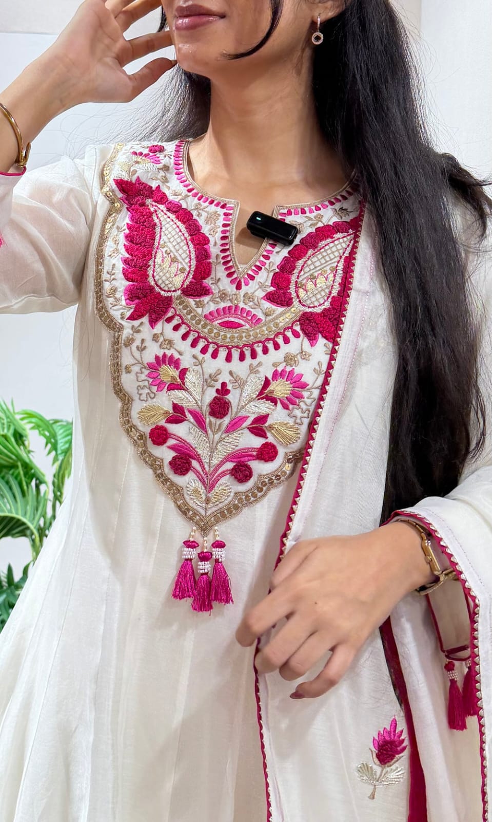 White & Pink Embroidered Anarkali Kurta Pant Dupatta Set for Women