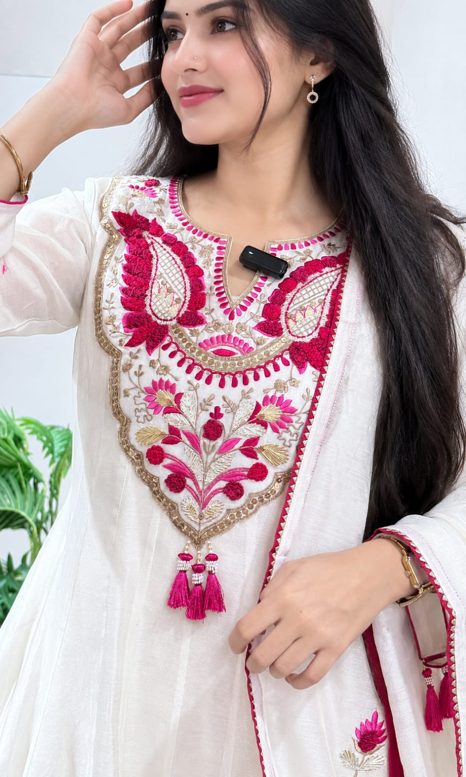 White & Pink Embroidered Anarkali Kurta Pant Dupatta Set for Women