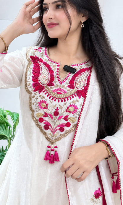 White & Pink Embroidered Anarkali Kurta Pant Dupatta Set for Women