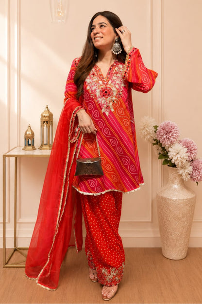 Red Bandhani Embroidered Kurta Salwar Dupatta Set for Women