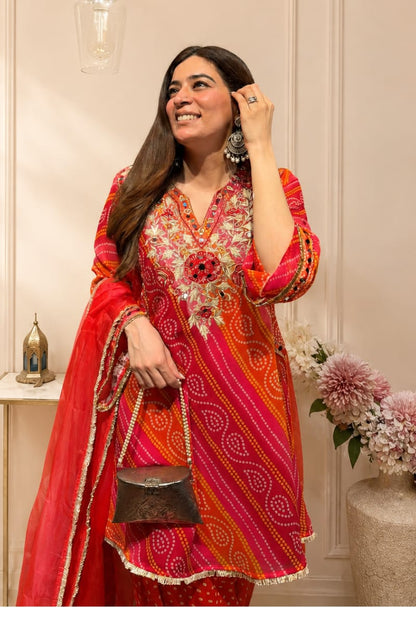 Red Bandhani Embroidered Kurta Salwar Dupatta Set for Women