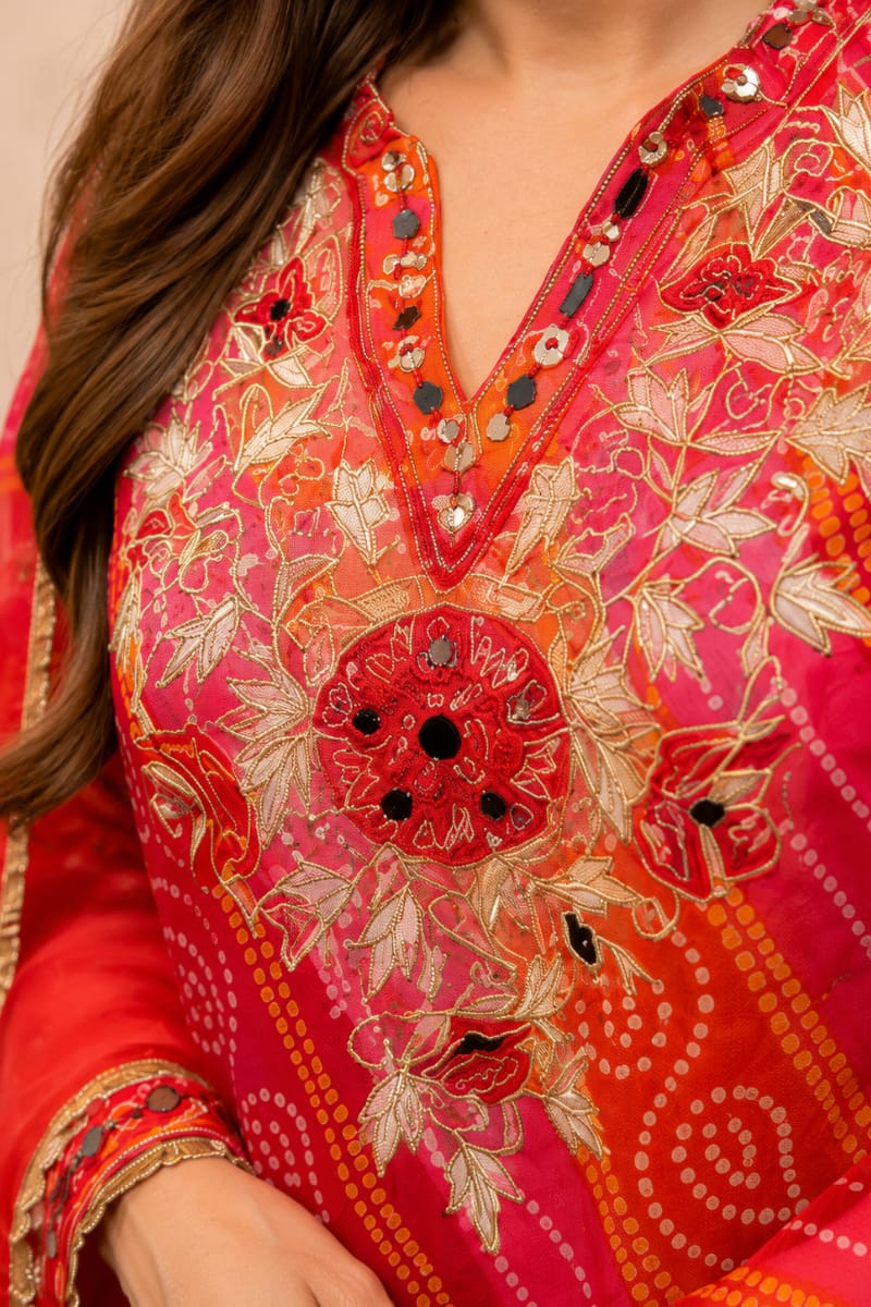 Red Bandhani Embroidered Kurta Salwar Dupatta Set for Women