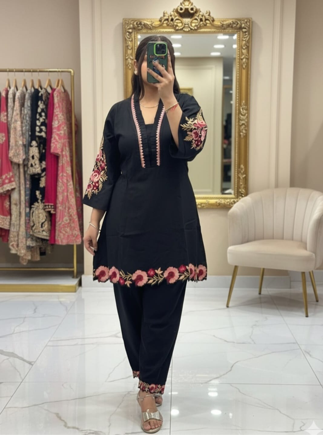 Black Floral Embroidered Kurta Pant Set for Women