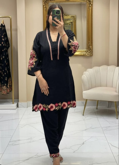 Black Floral Embroidered Kurta Pant Set for Women