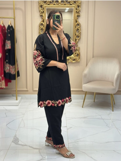 Black Floral Embroidered Kurta Pant Set for Women