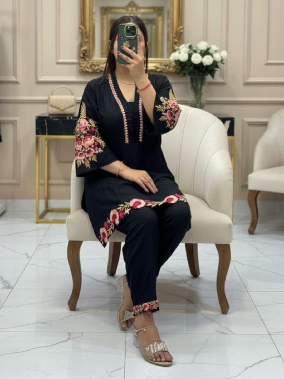 Black Floral Embroidered Kurta Pant Set for Women