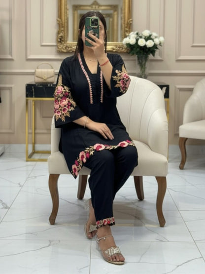 Black Floral Embroidered Kurta Pant Set for Women