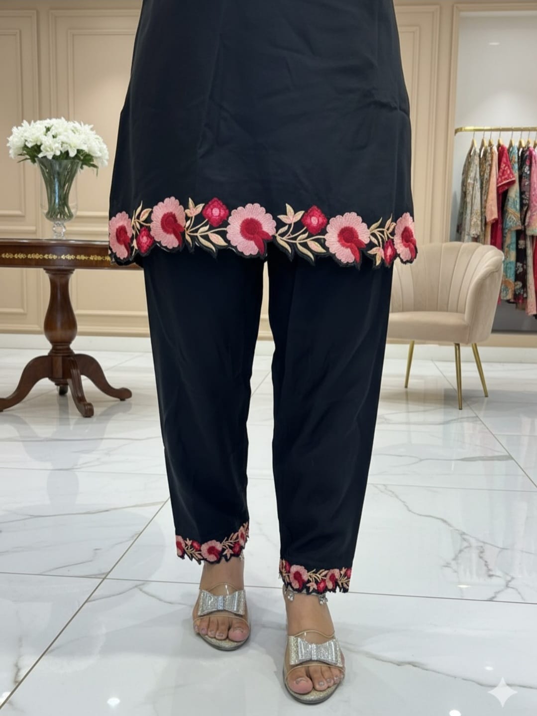Black Floral Embroidered Kurta Pant Set for Women