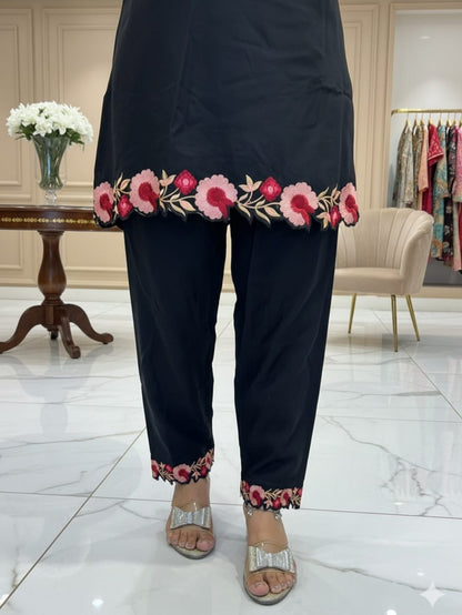 Black Floral Embroidered Kurta Pant Set for Women