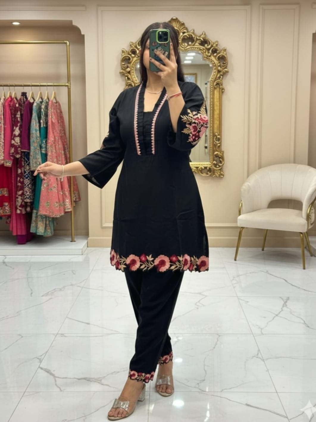 Black Floral Embroidered Kurta Pant Set for Women