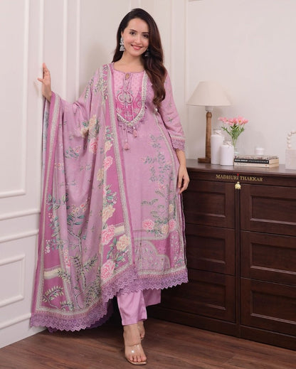 Dreamy Lavender Floral Print Kurta Set with Lace Border & Matching Dupatta