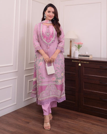 Dreamy Lavender Floral Print Kurta Set with Lace Border & Matching Dupatta