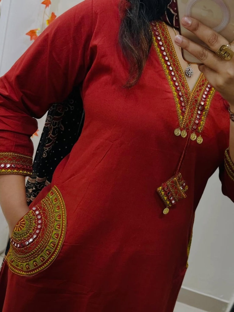 Ruby Red Embroidered Kurta Set with Black Ajrakh Print Dupatta for Women