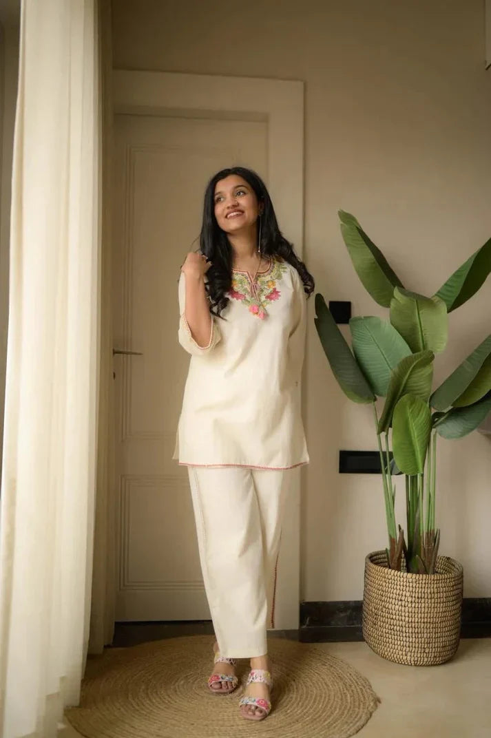 Off-White Embroidered Ethnic Co-ord Set with Tassels