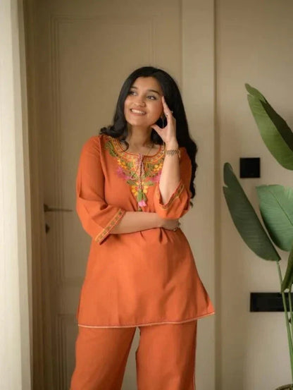 Peach Embroidered Ethnic Co-ord Set with Tassels
