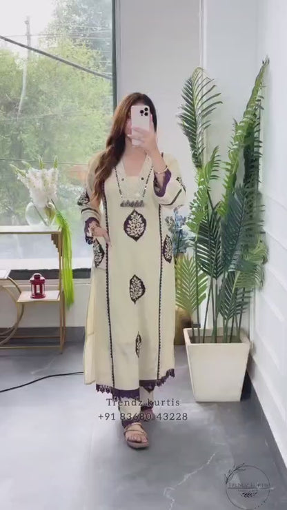Women’s Ivory & Purple Printed Kurta Pant Set with Dupatta