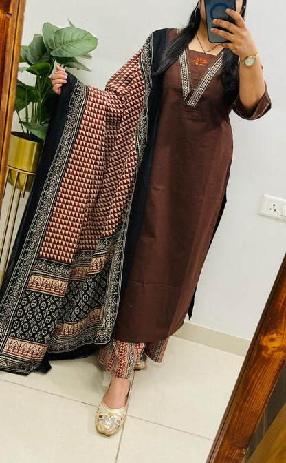 Dabu Cotton Coffee Suit Set with Ajrakh Print Palazzo & Dupatta with Pockets for Women