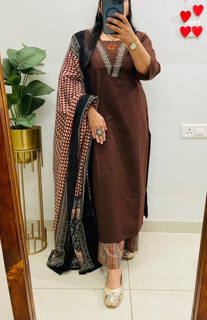Dabu Cotton Coffee Suit Set with Ajrakh Print Palazzo & Dupatta with Pockets for Women