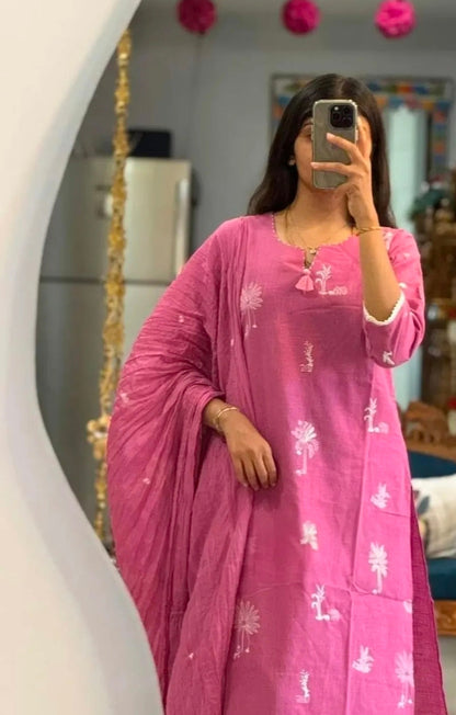 Light pink Straight Suit Set with White Embroidery Accents in Pure Slub Cotton (Linen-like Finish) with Dupatta