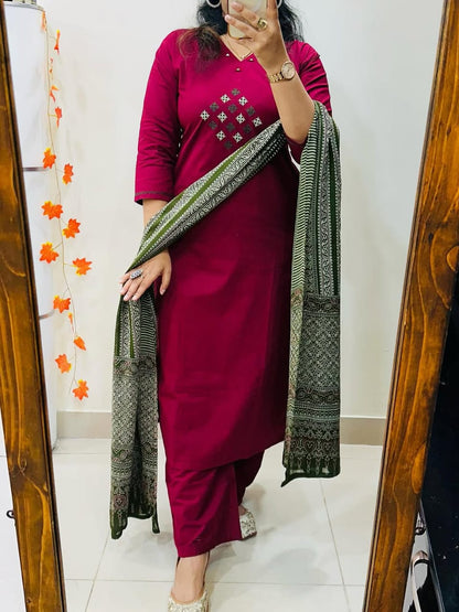 Classic Maroon Straight Kurta Set with Kalamkari Dupatta & Palazzos for Women