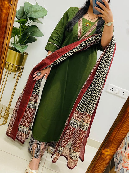 Dabu Cotton Green Kurta Set with Ajrakh Print Palazzo & Dupatta for Women