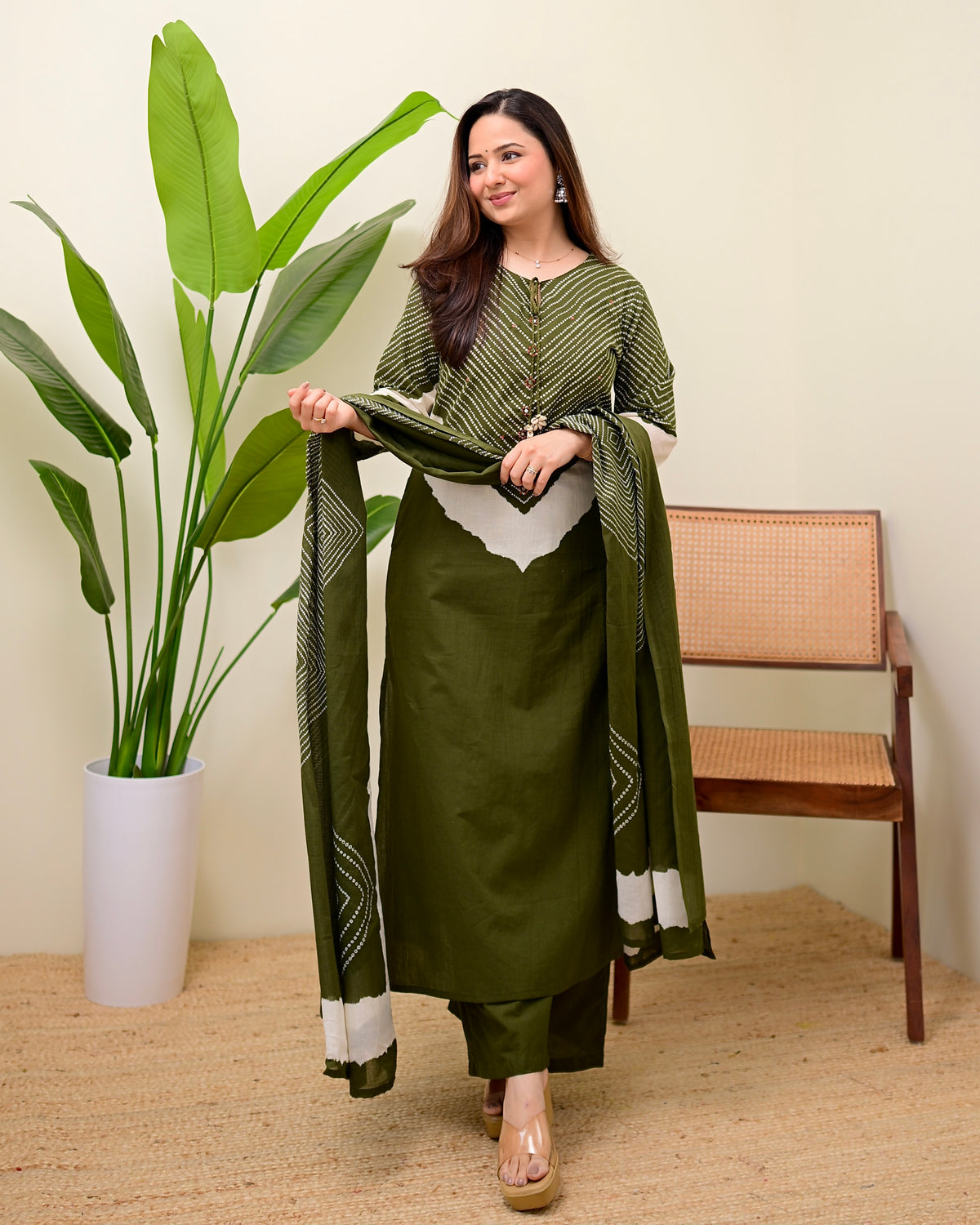 Olive Bandhej Aura Cotton Palazzo Suit