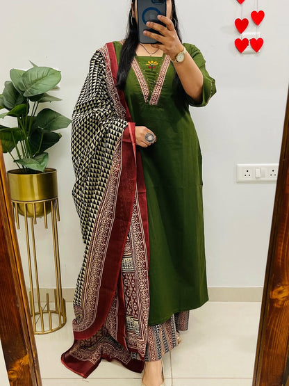 Dabu Cotton Green Kurta Set with Ajrakh Print Palazzo & Dupatta for Women
